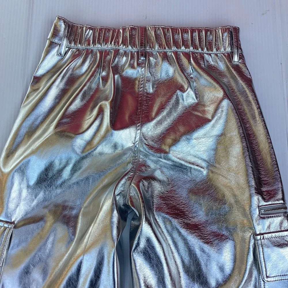 No Boundaries Metallic Silver Cargo Pants Wide Leg Faux Leather Festival S 4-6